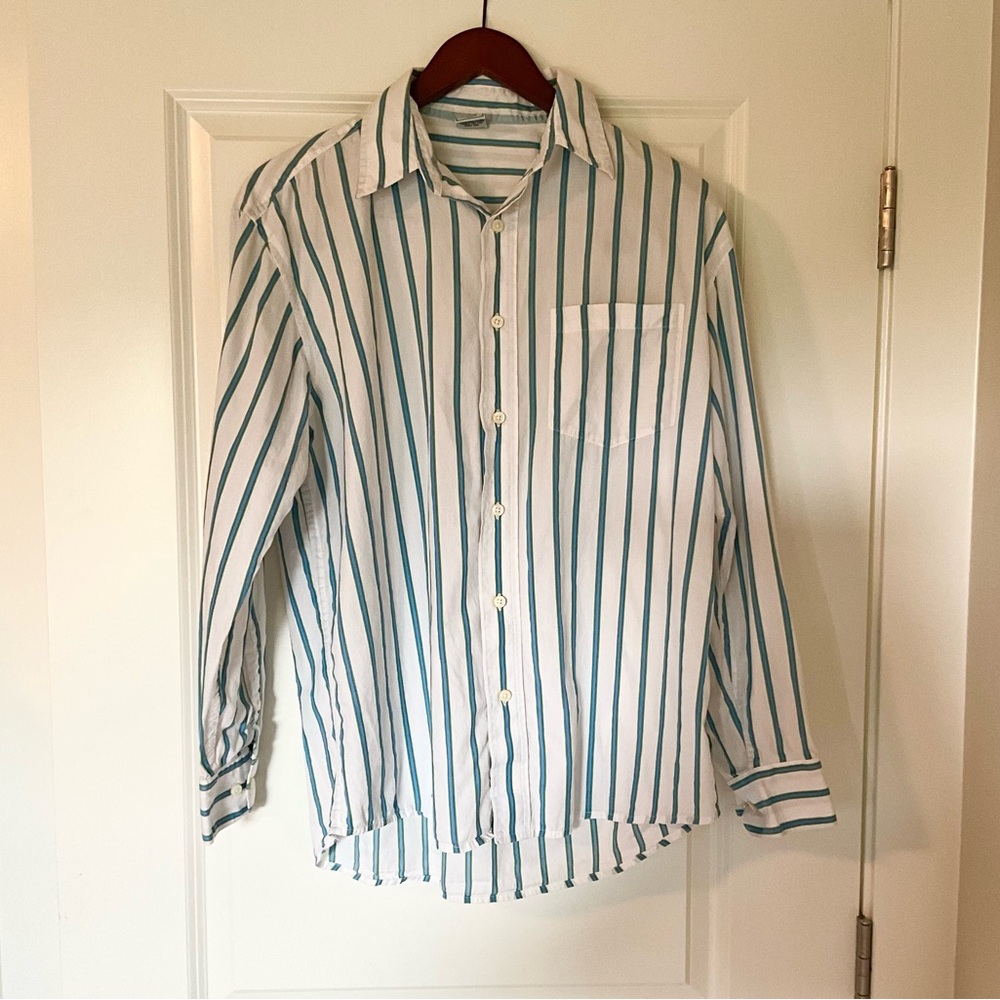 Old Navy Men’s Cotton Button Up Collard dress shirt, S, blue & green stripes